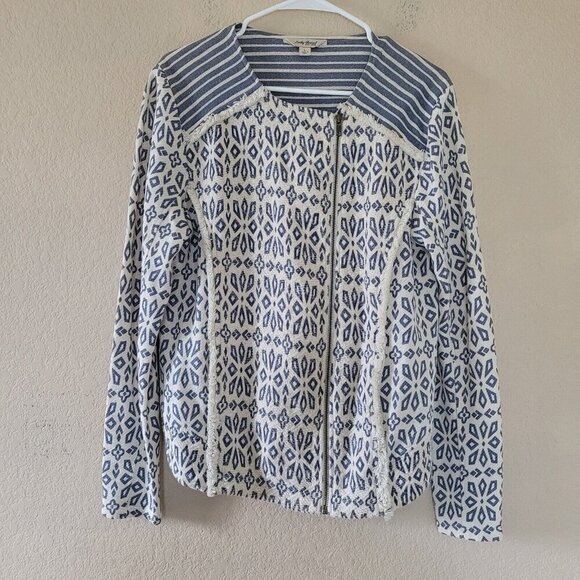 Lucky Brand Jackets & Blazers - Lucky Brand Jacket Womens Sz Large Blue White Geometric Boho Western Casual Moto